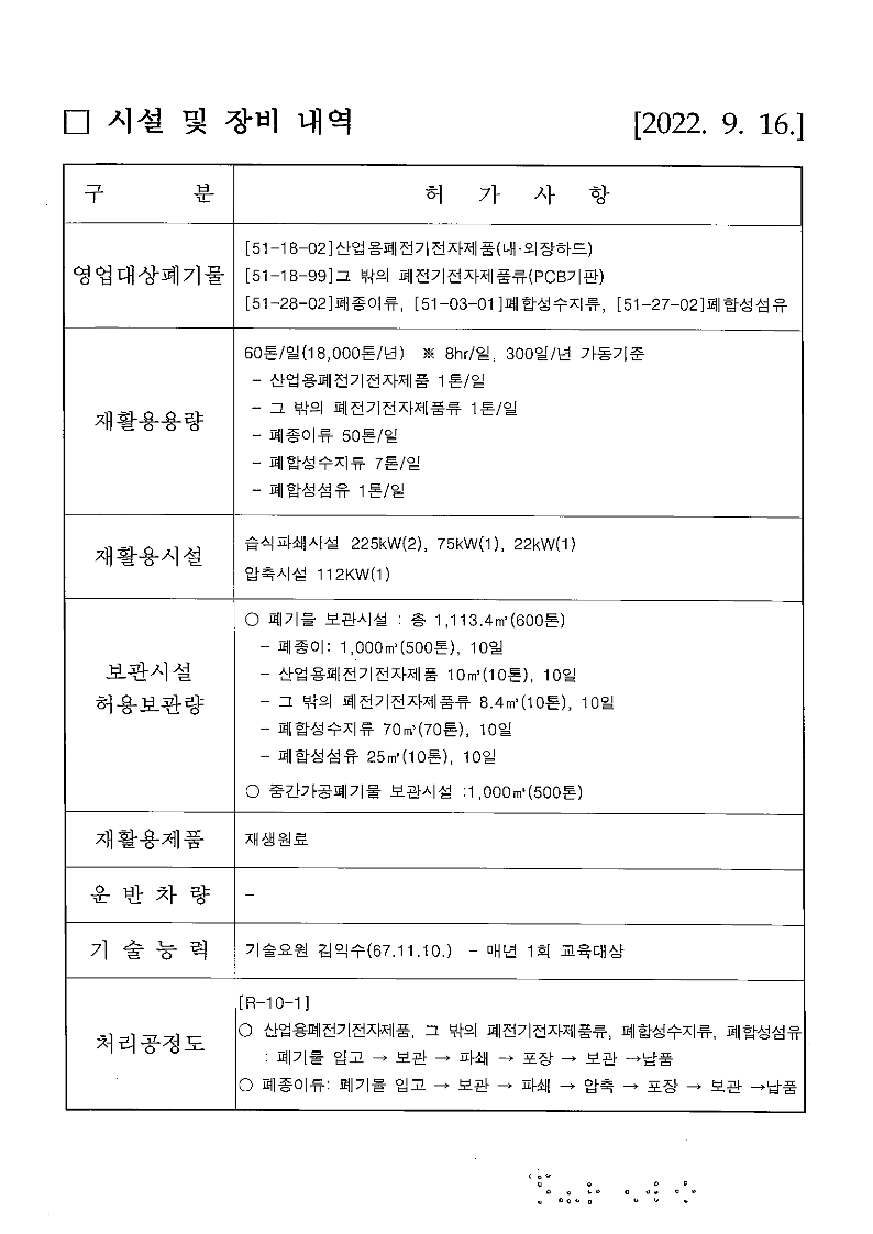 중간재활용업 시설 및 장비 내역