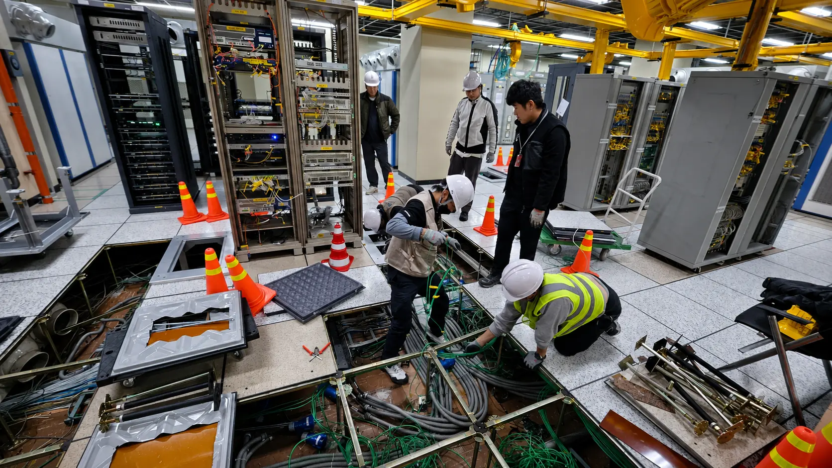 데이터센터 전산실에서 장비와 케이블을 안전하게 철거하는 현장